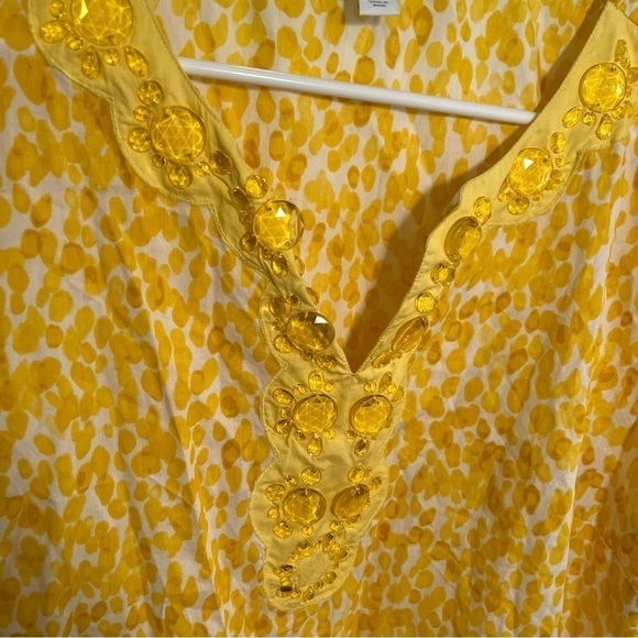 Charter Club Split Neck Tunic Top Yellow White Beaded - Picture 6 of 11